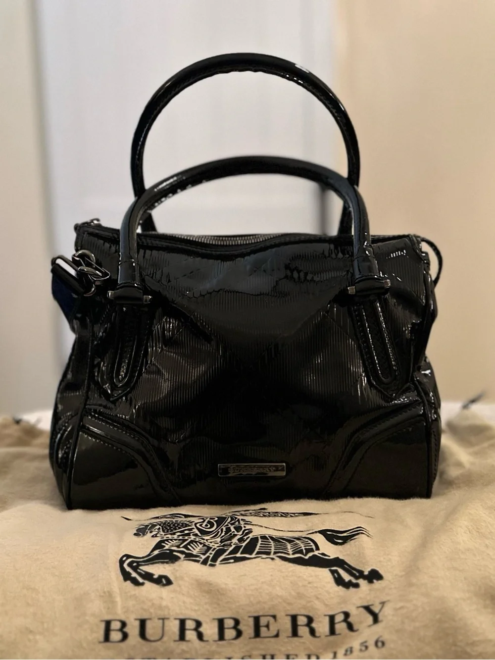Vintage Burberry Embossed Black Patent Bowling Bag